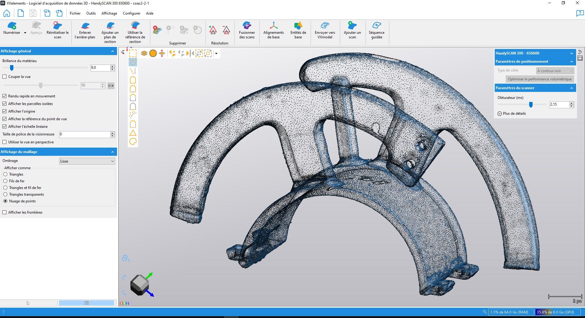 Capture d'écran d'un logiciel de modélisation 3D affichant un nuage de points d'un objet aux arches courbes.