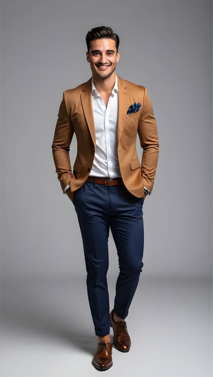 Un hombre con una chaqueta marrón y pantalones azules está de pie con las manos en los bolsillos.