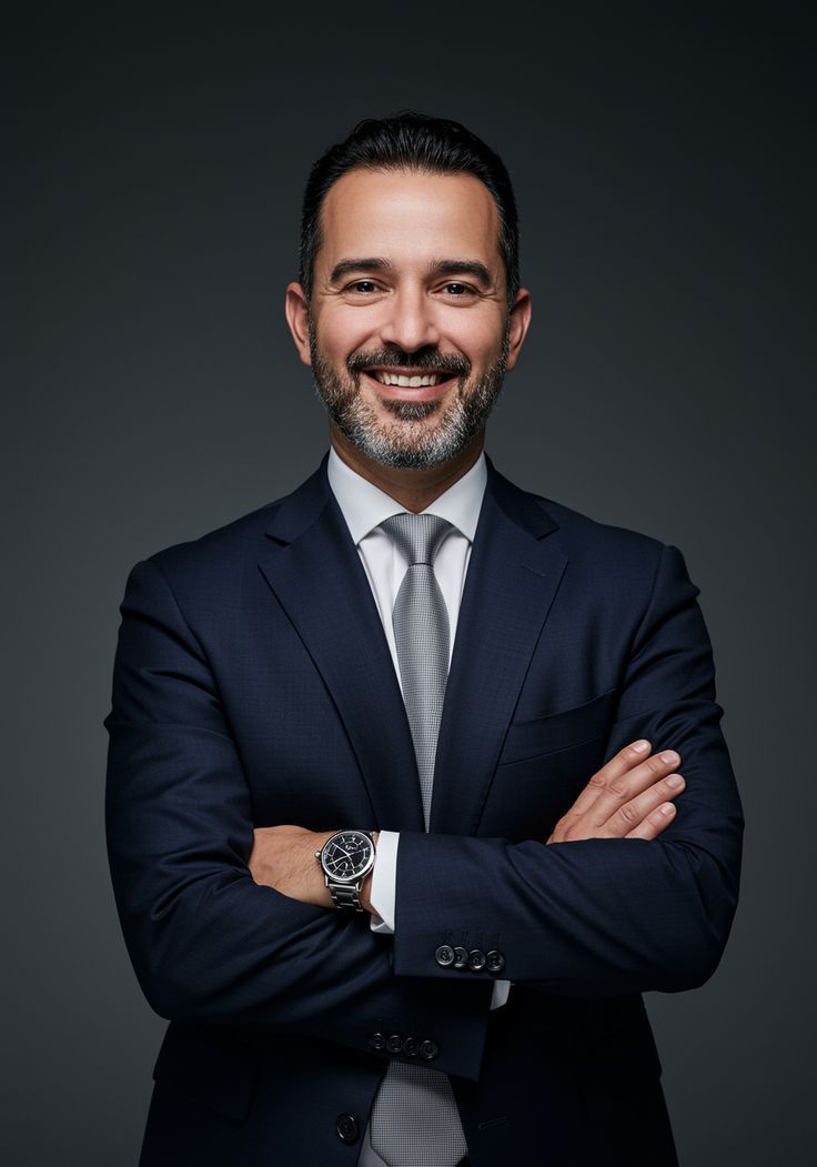 Un hombre con traje y corbata sonríe con los brazos cruzados.