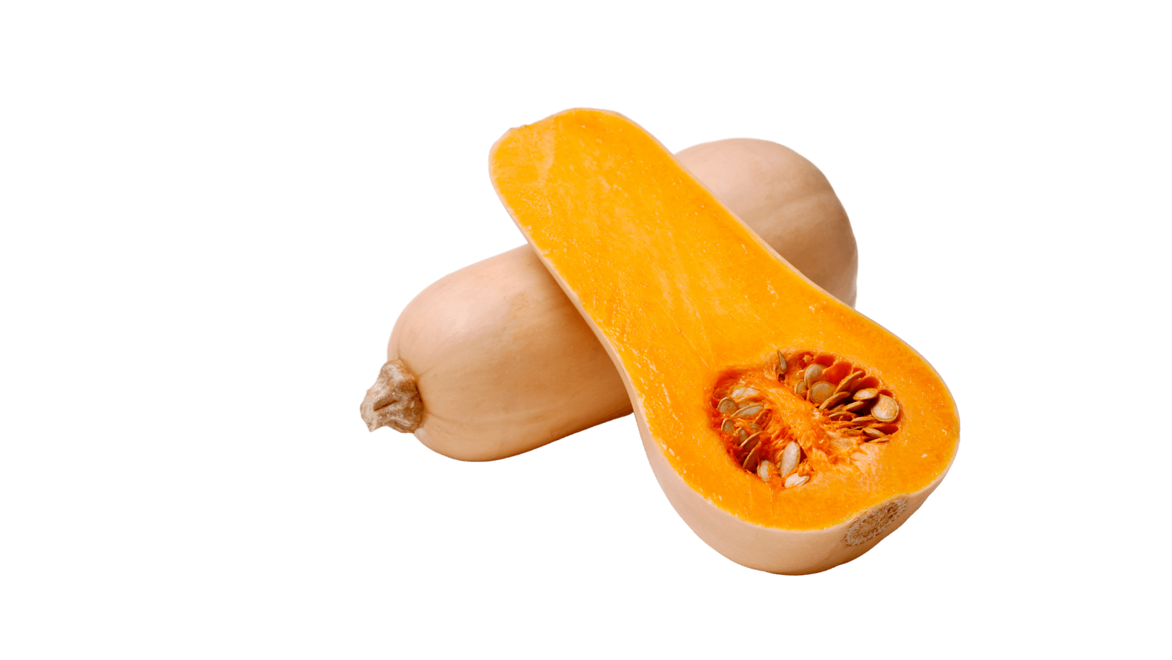 una zucca tagliata a metà su uno sfondo bianco.