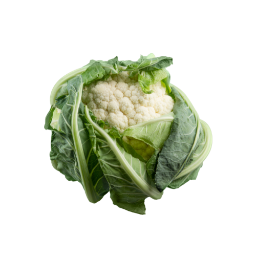 una testa di cavolfiore con foglie verdi