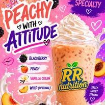 Pink peach milkshake ad with whipped cream, blackberries, and “Peachy with Attitude” text; RR Nutrition logo.