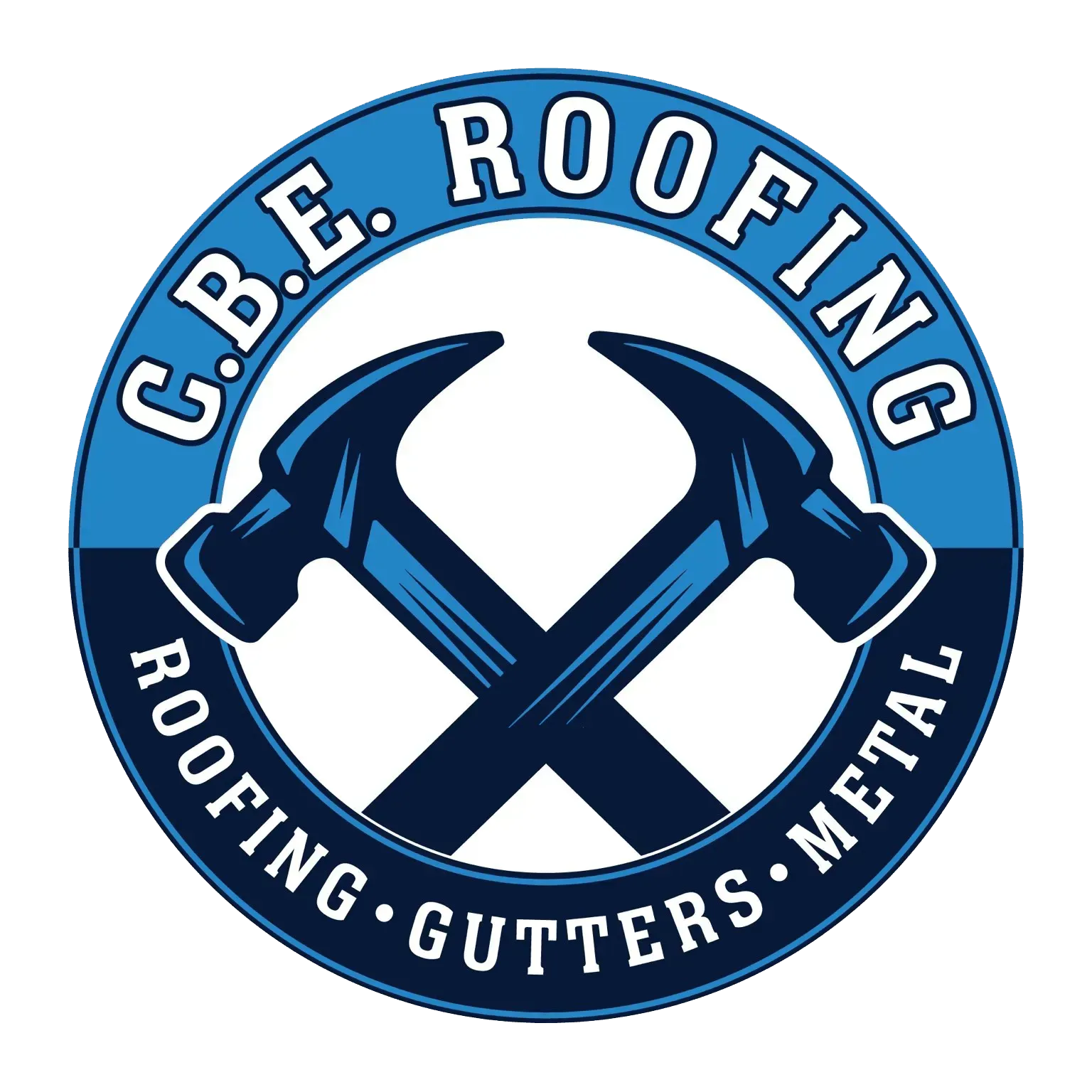 C.B.E. Roofing logo: blue circle with crossed hammers, company name and services: roofing, gutters, metal.