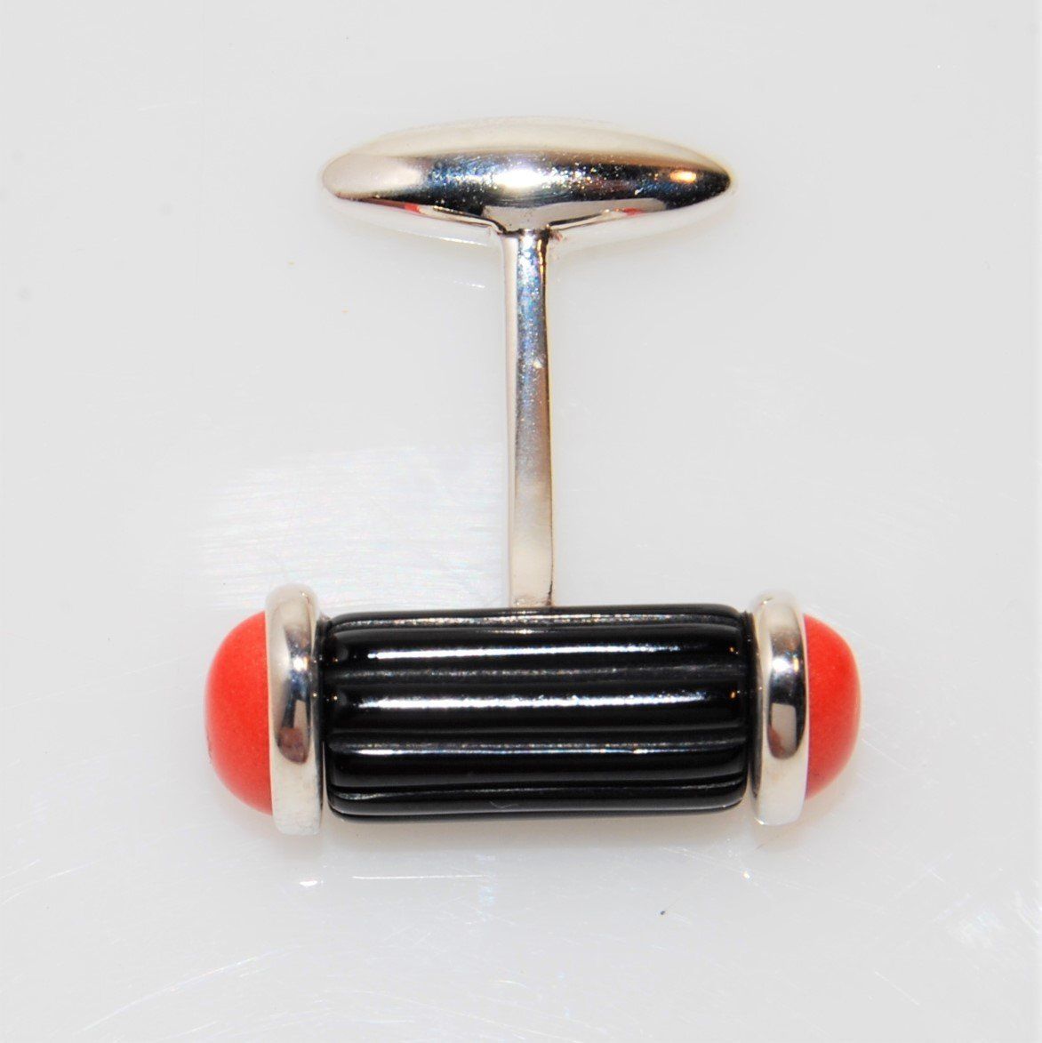 Gemelli In Argento 925000 Con Onice Rigato E Cabochon In Parta Di Corallo