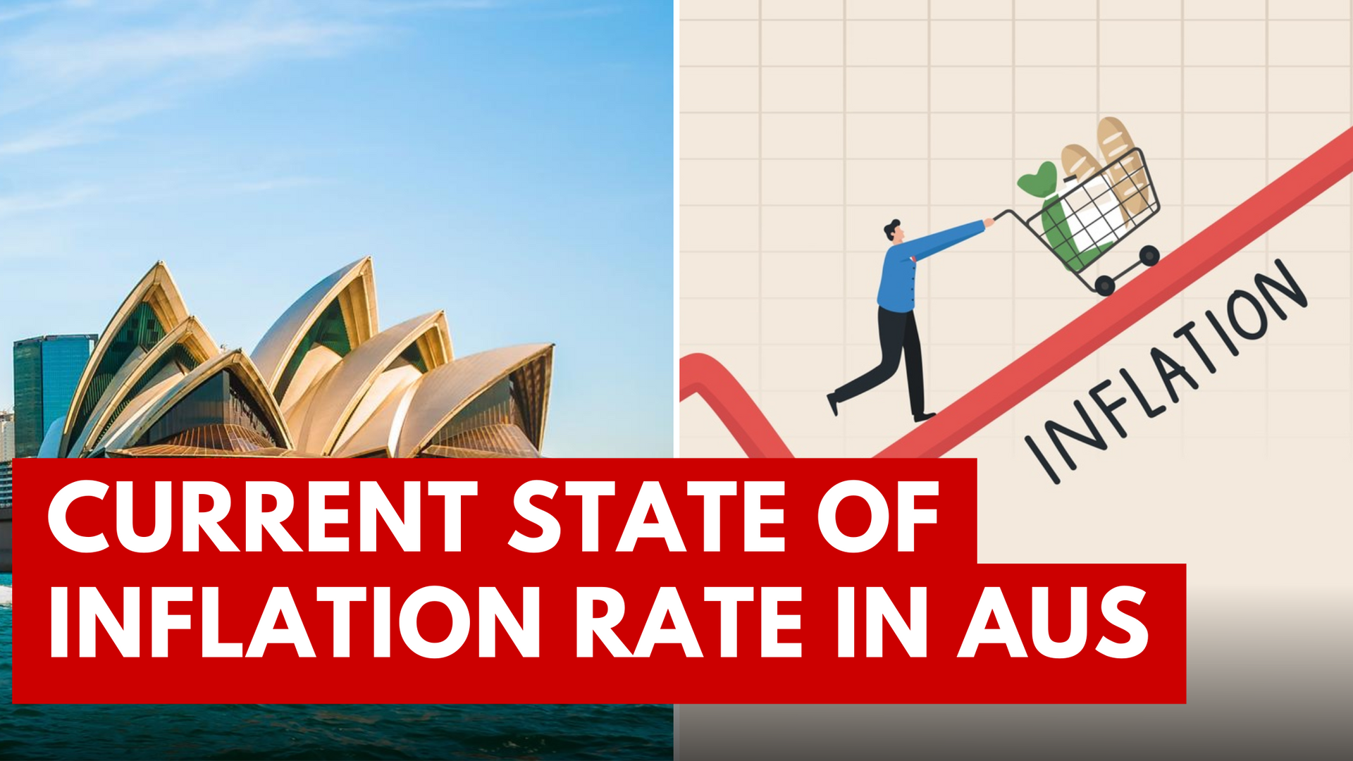 A man pushing a shopping cart down a graph with the words current state of inflation rate in aus.