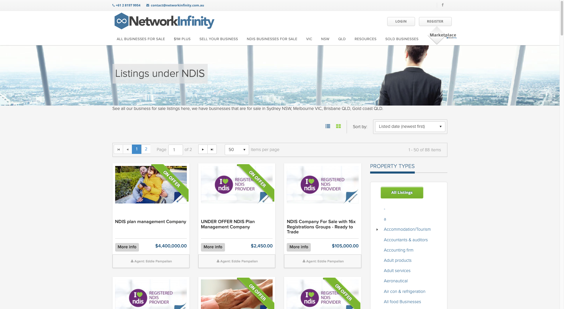Network Infinity website screenshot for the page of NDIS businesses for sale