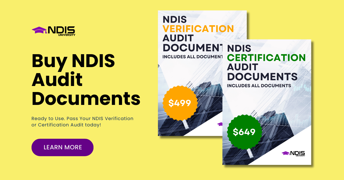 Two advertisements for ndis audit documents on a yellow background.