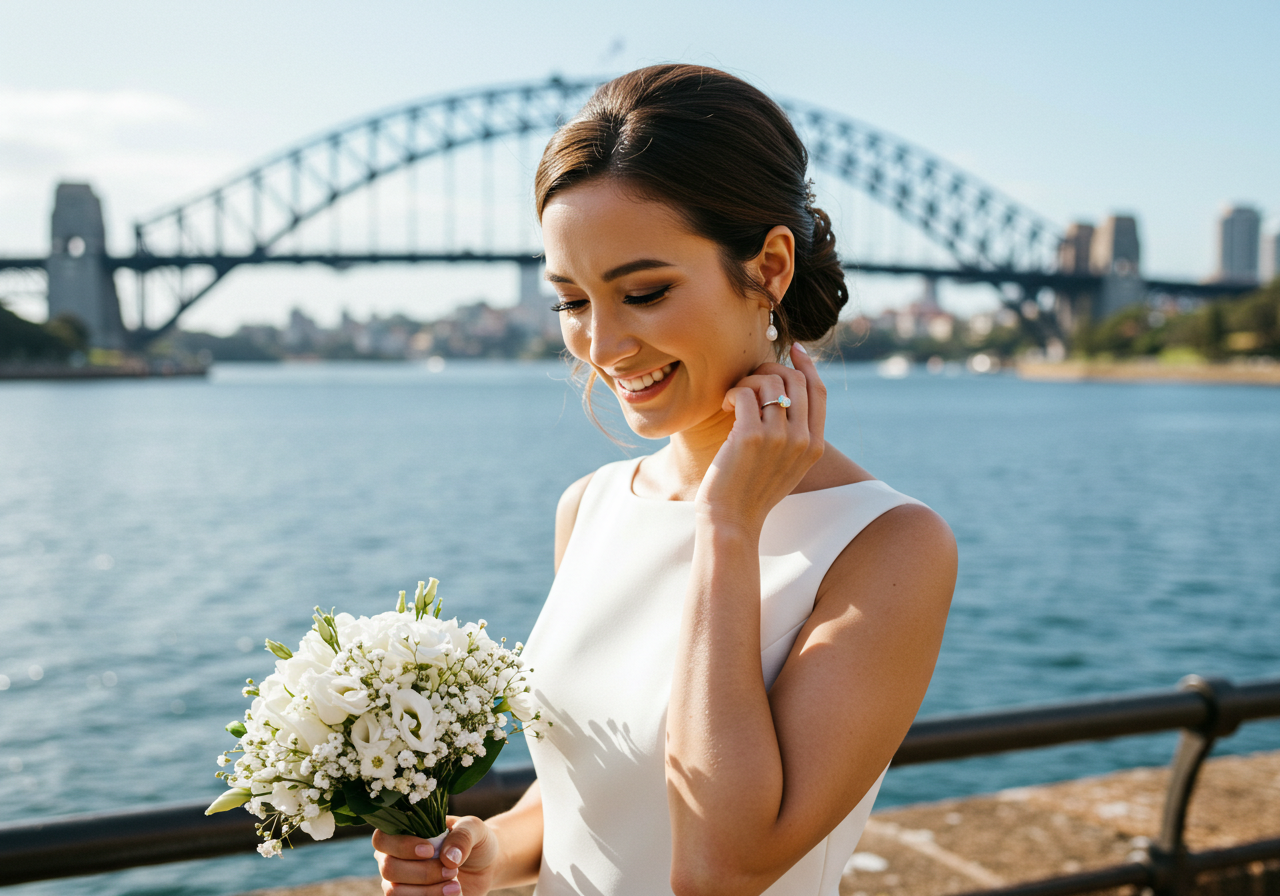 A bride is holding a bouquet of white flowers in front of a bridge.
