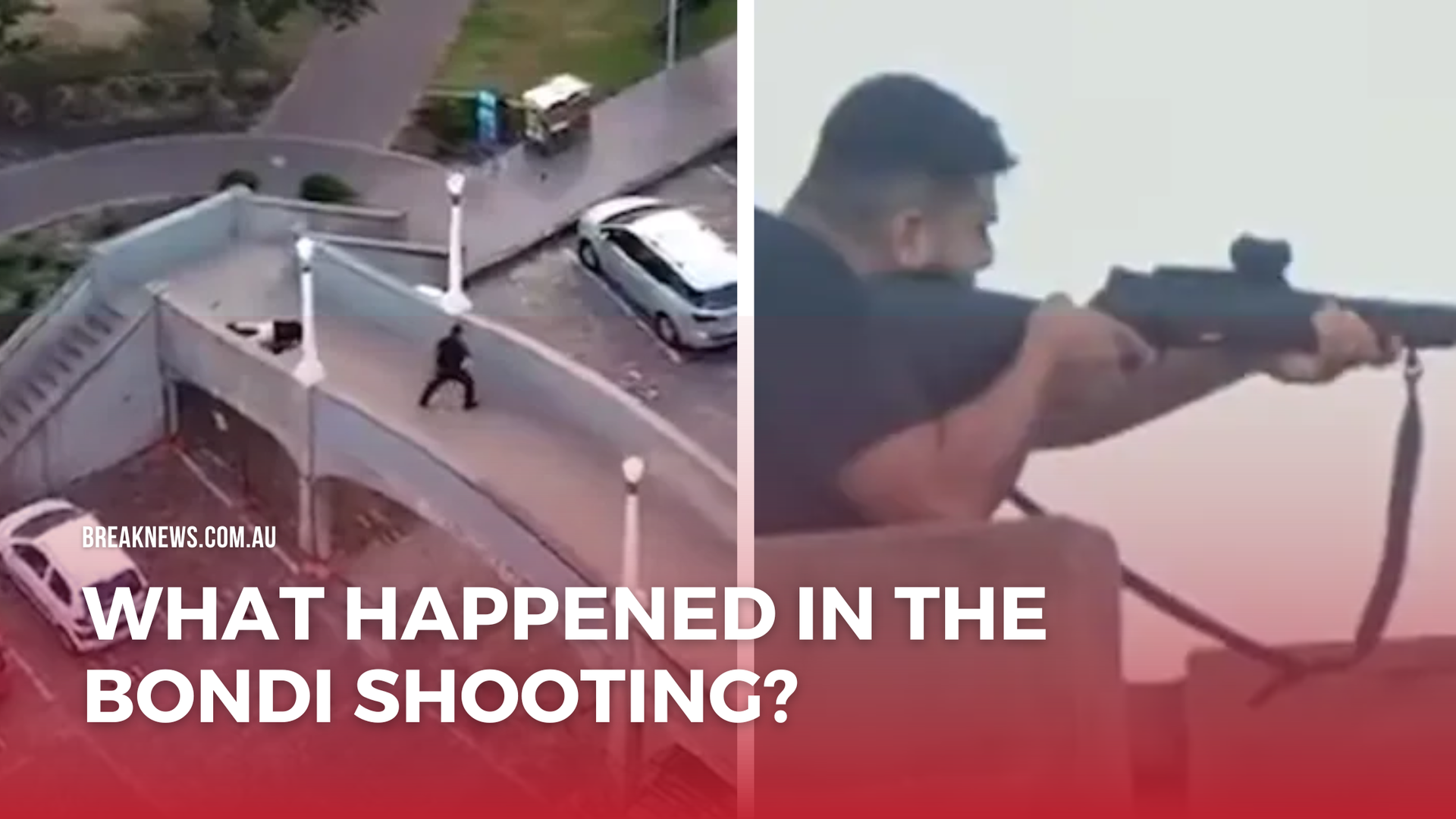 Aerial view of police response and an armed individual during the Bondi shooting in Sydney