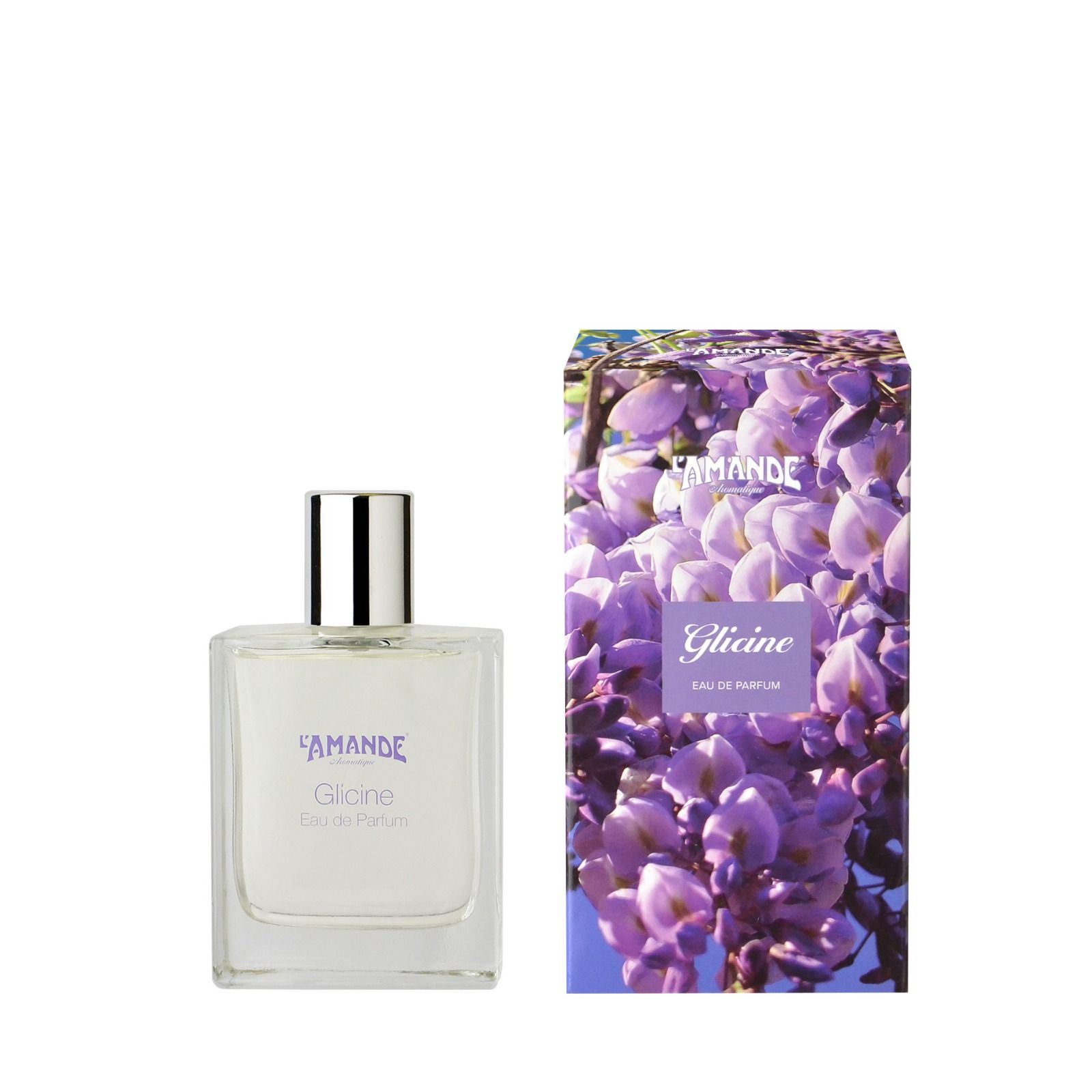 L'Amande Glicine Eau De Parfum 100ml bottle elegantly displayed against a luxurious background.
