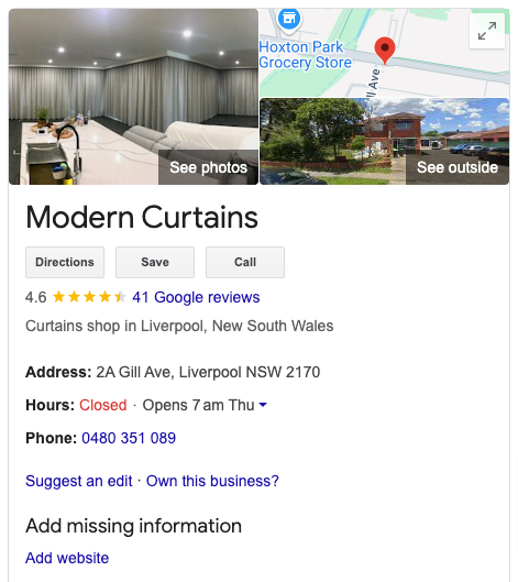 Screenshot of Modern Curtains Liverpool's Google profile