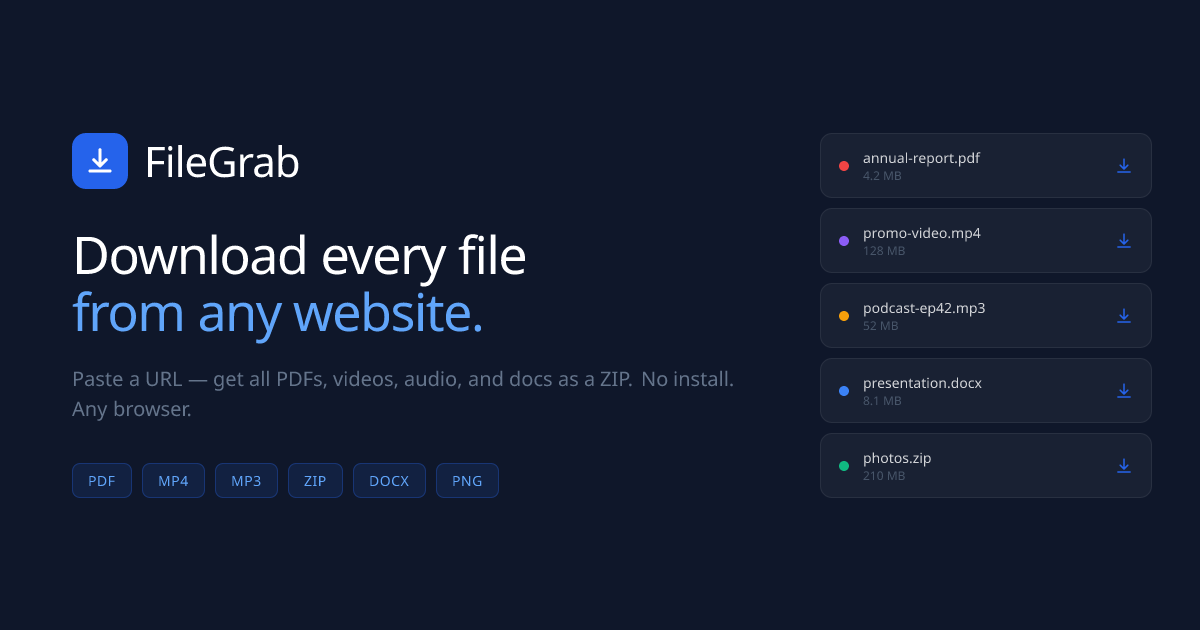 FileGrab website: Download all files. Dark blue background. File list on right.
