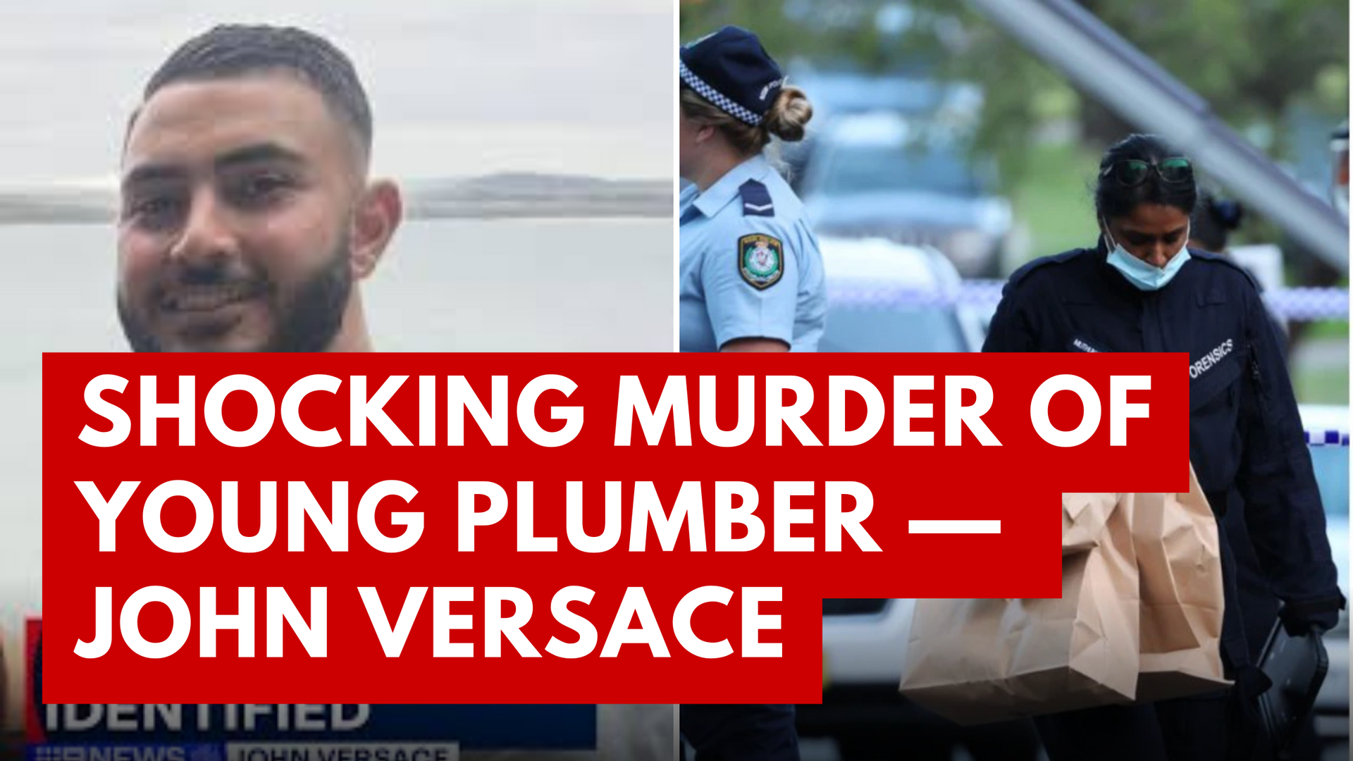 A man with a beard is standing next to a police officer holding a bag. John Versace.