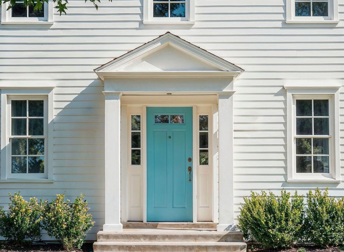 A white house with a blue door and windows