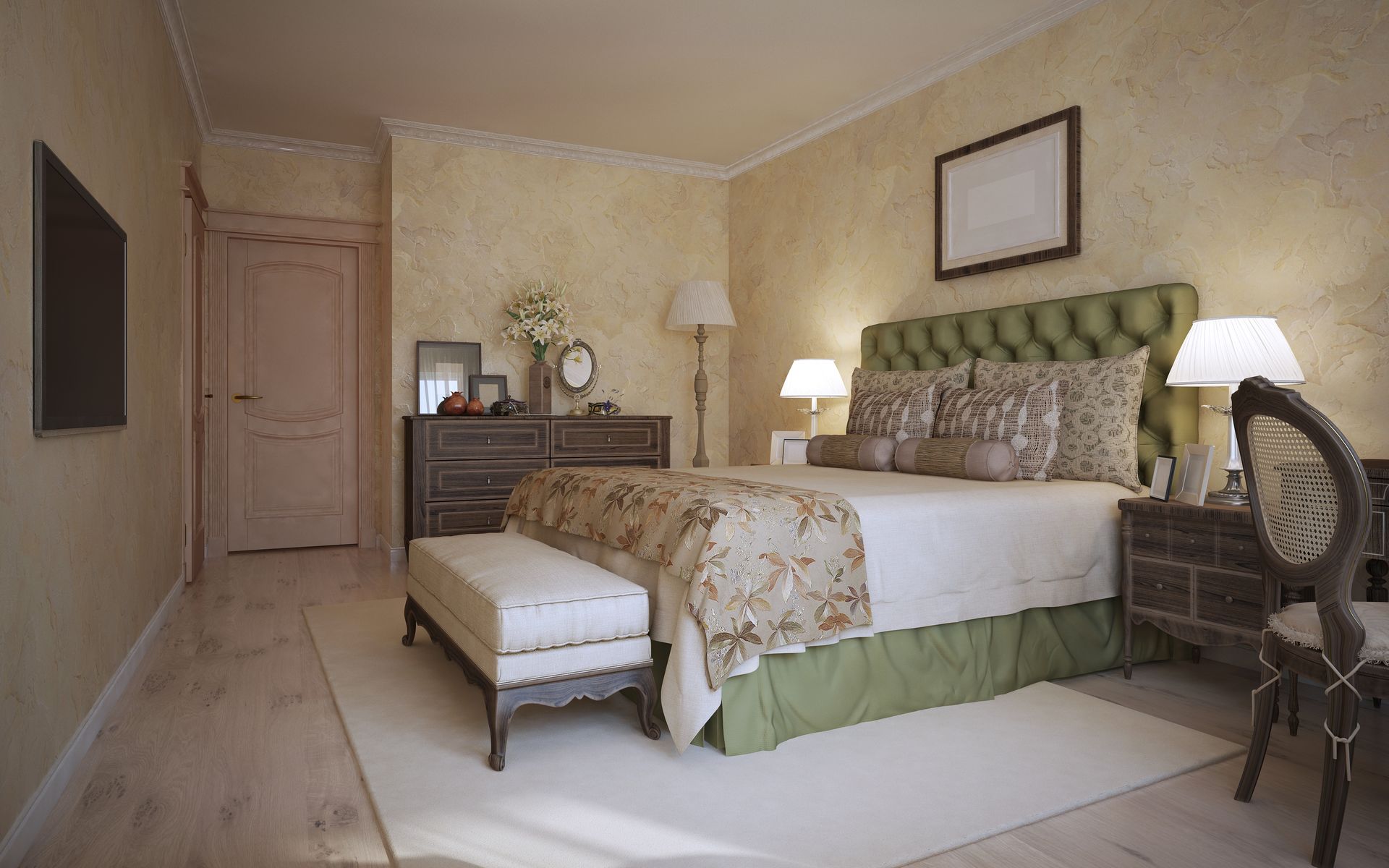 A bedroom with a large bed , dresser , chair and television.