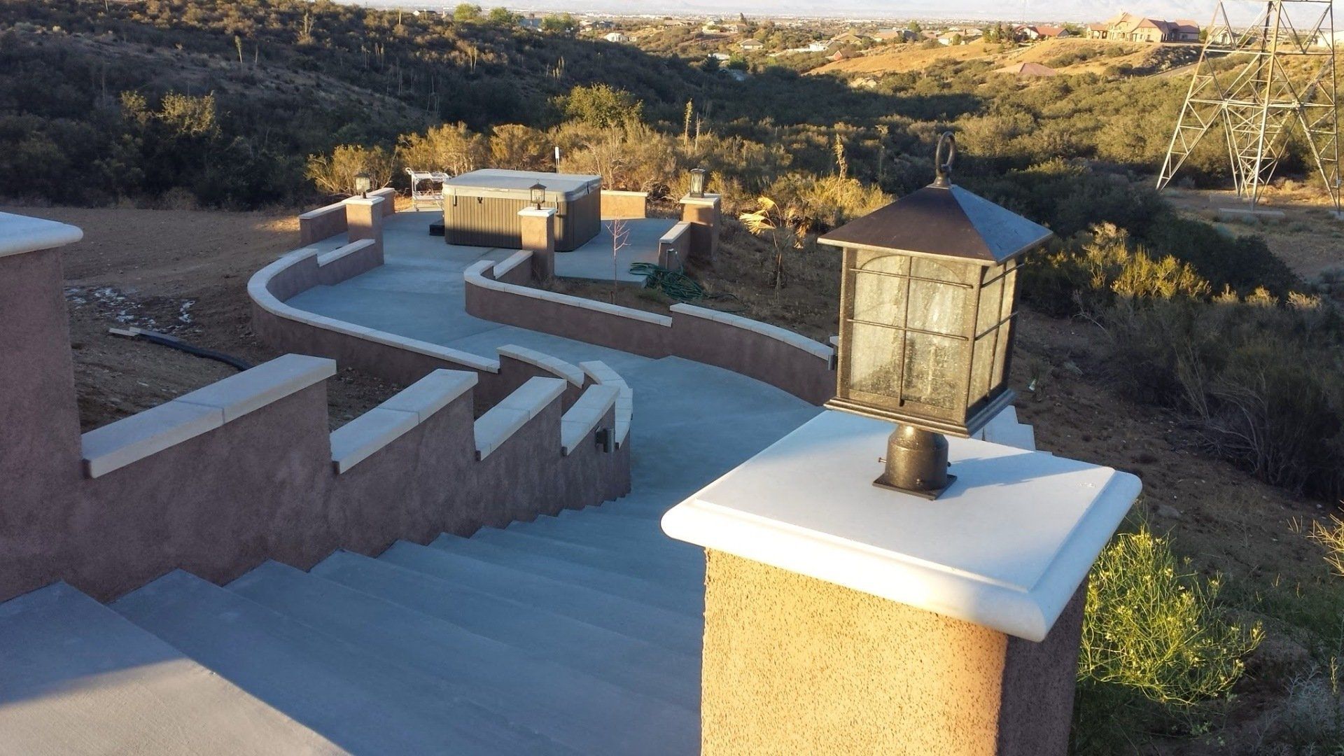A staircase with a lantern on top of it
