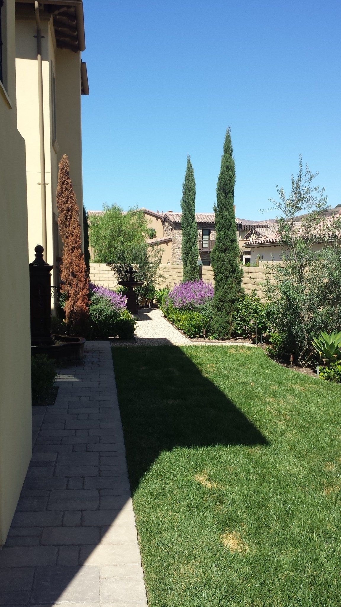 A sidewalk leading to a lush green yard with a house in the background.