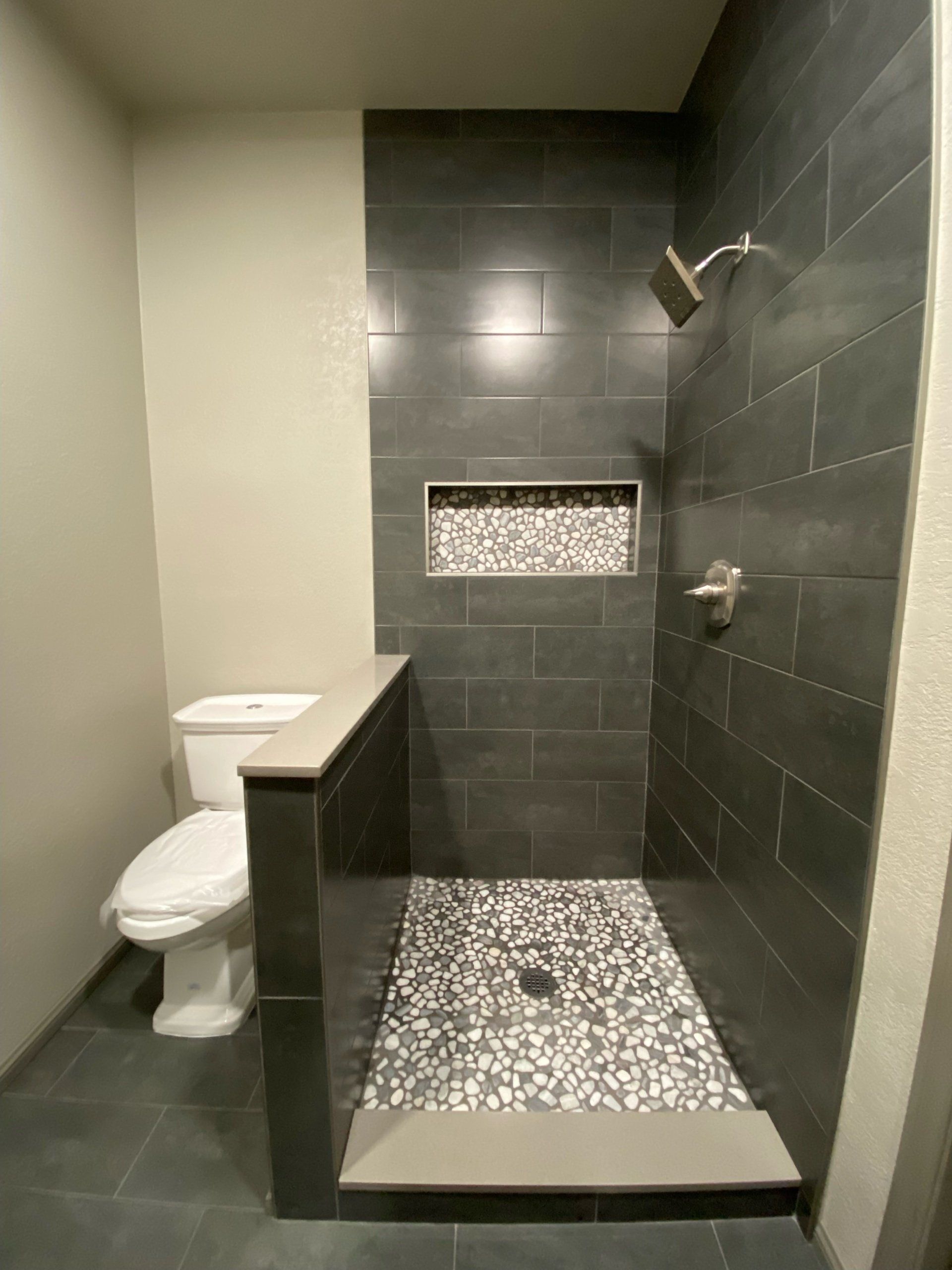 A bathroom with a toilet and a walk in shower.