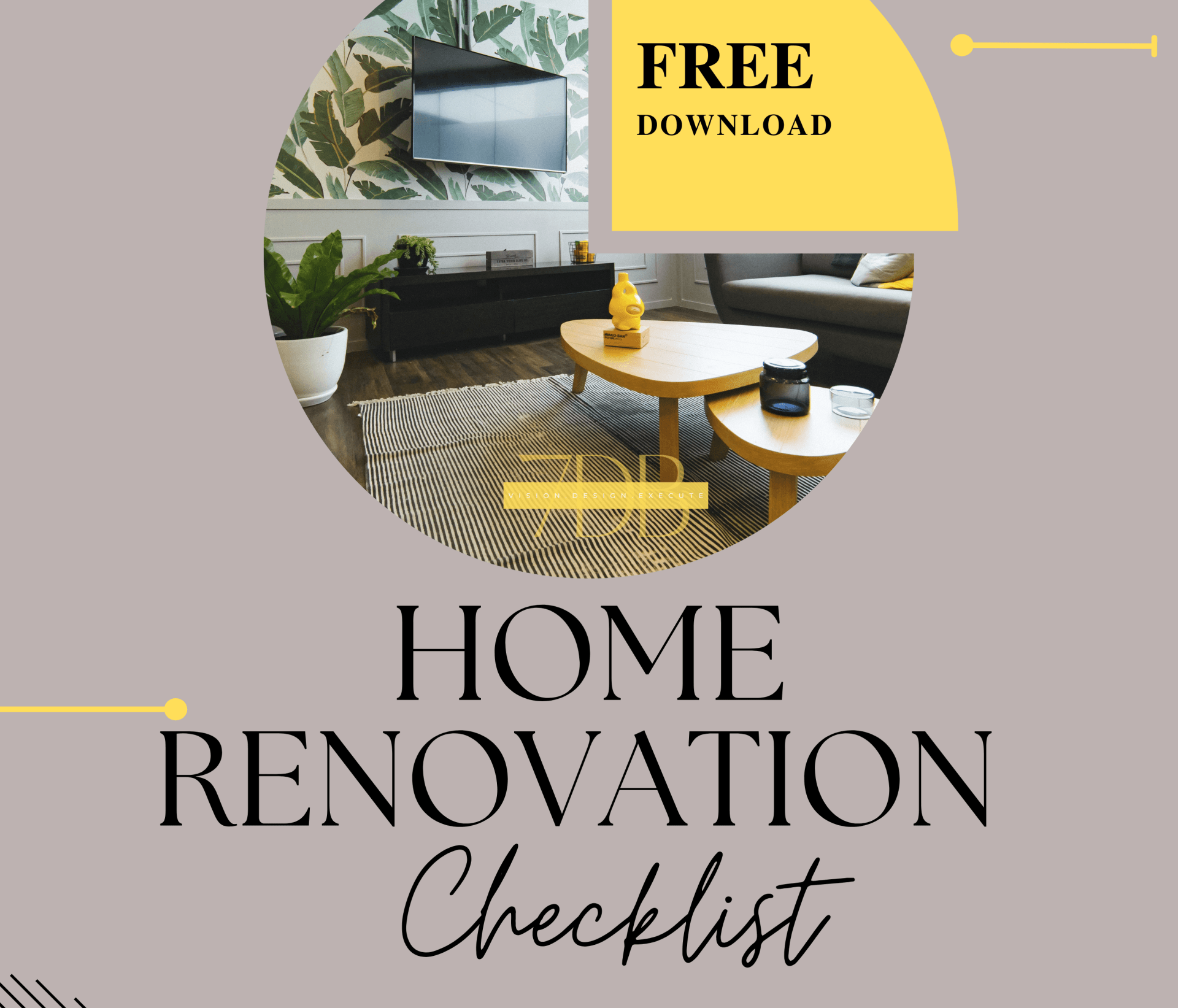 A home renovation checklist with a picture of a living room