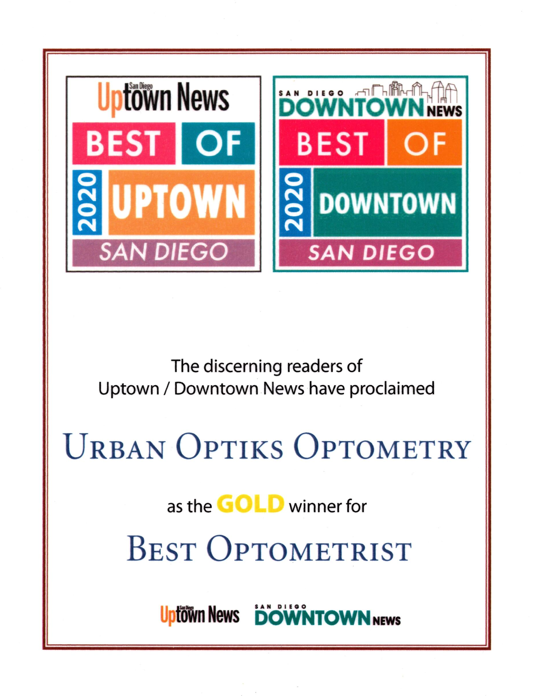 2020 Best of Uptown and Downtown News Award for Best Optometrist