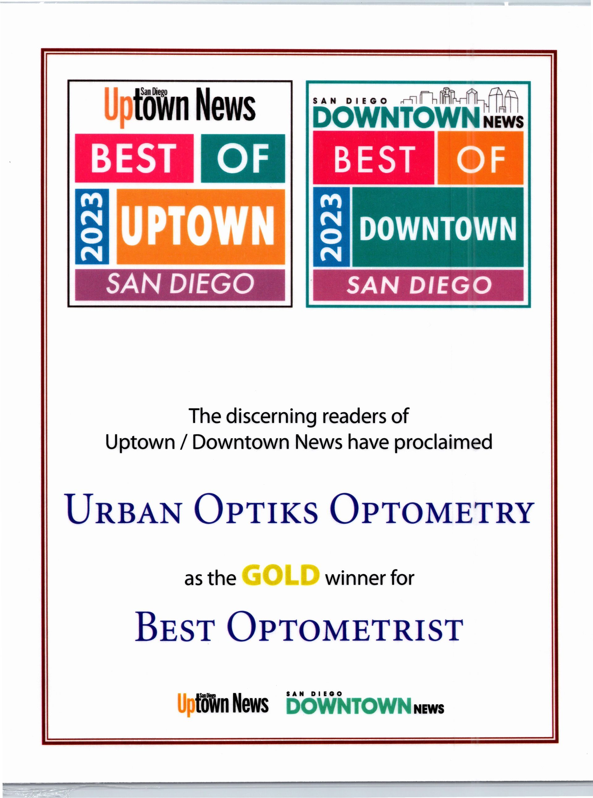 2023 Best of Uptown News Award for Best Optometrist