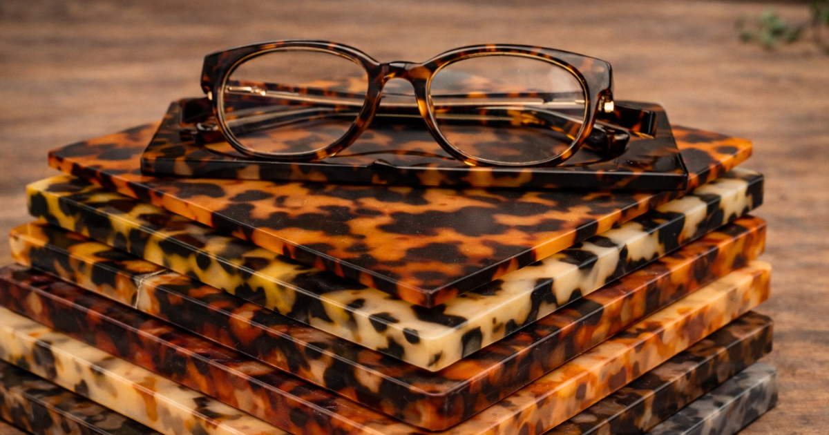 Tortoiseshell eyeglasses on a matching tray atop a stack of colorful tortoiseshell patterned acetate