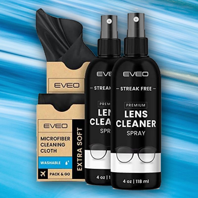 Lens cleaning kit with two spray bottles and two microfiber cloths