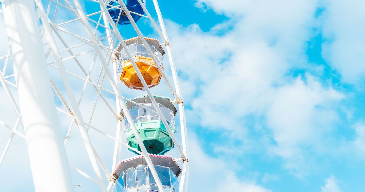 A ferris wheel with colorgul cars is against a blue sky with clouds.
