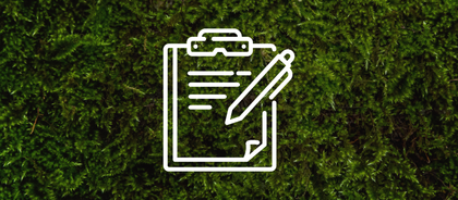 A line drawing of a clipboard with a pen on it on a green moss background