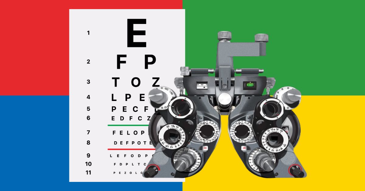 A phoropter and an eye chart on a colorful background comprised of Google's logo colors.