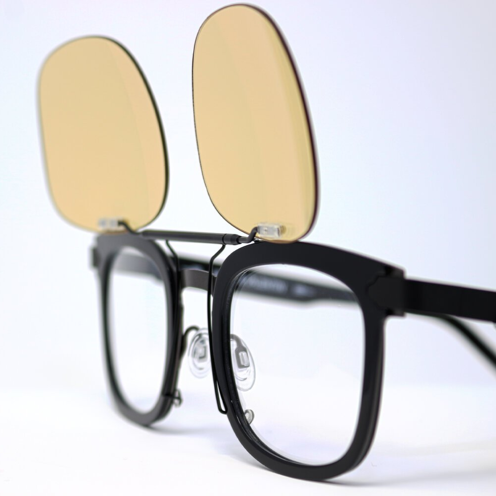 Black glasses with eClips Flip mirror clip-on attached  and up