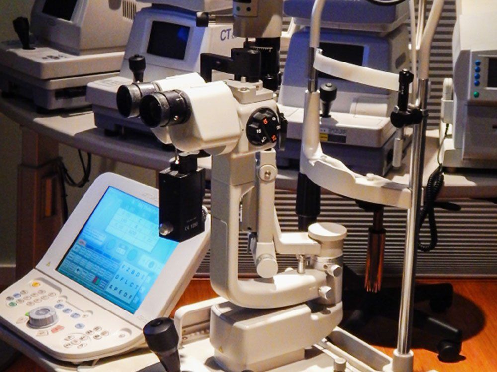 Close up of optometrist's office with technology used for eye exams