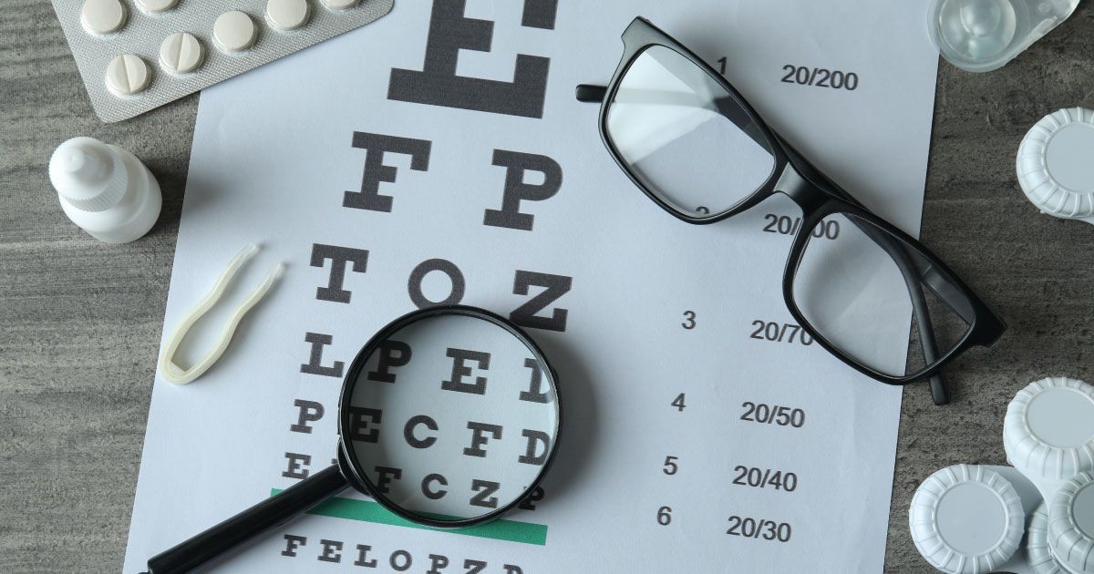 A pair of glasses and a magnifying glass are sitting on top of an eye chart.