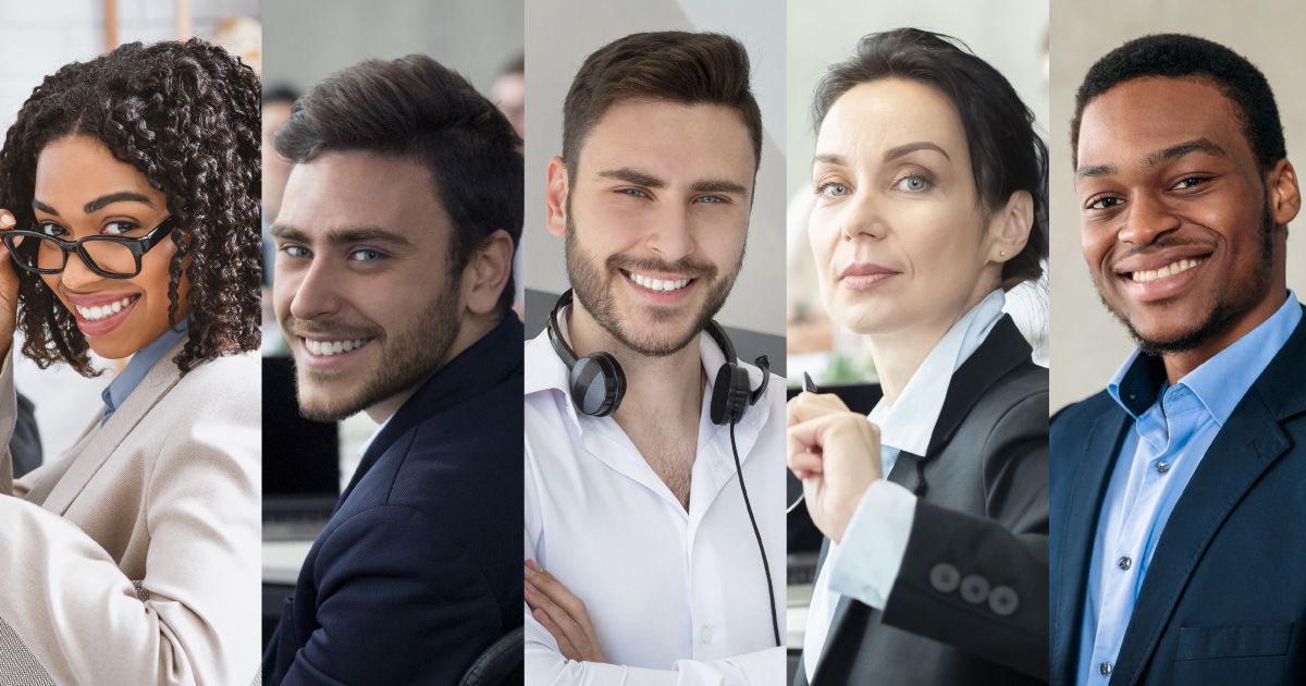 A group of people with various eye colors are smiling in a collage.