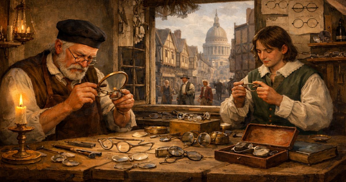 Two people repairing glasses in a workshop. One older, one younger, both using magnifying glasses; city view in background.