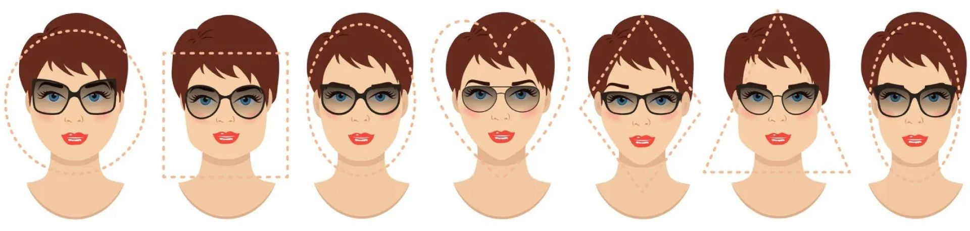 Drawing of 6 different woman's heads with a shape drawn over them to illustrate the face shape.