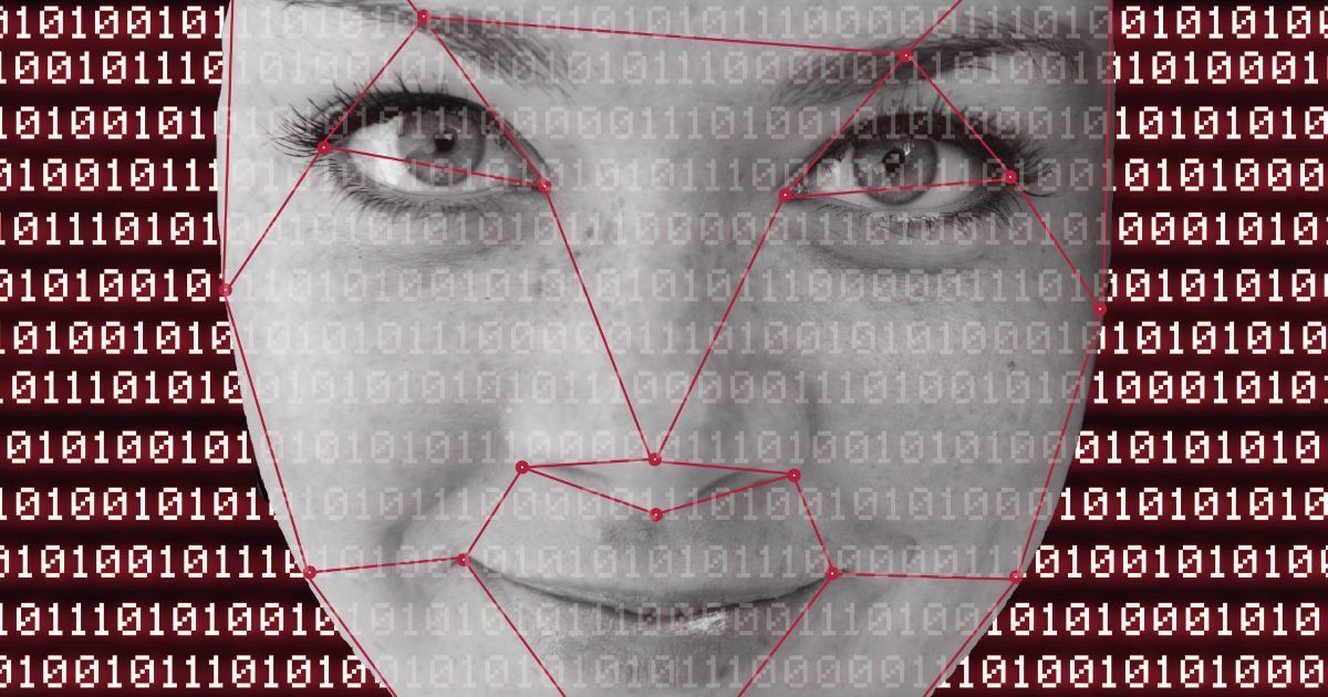 A woman 's face with pin ponts used for facial recognition software is surrounded by binary code.