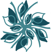 A drawing of a flower with blue leaves on a white background