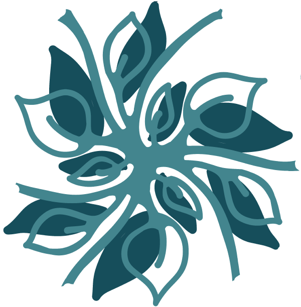 A drawing of a flower with blue leaves on a white background
