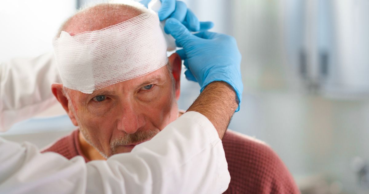 A man with a bandage on his head is being examined by a doctor.