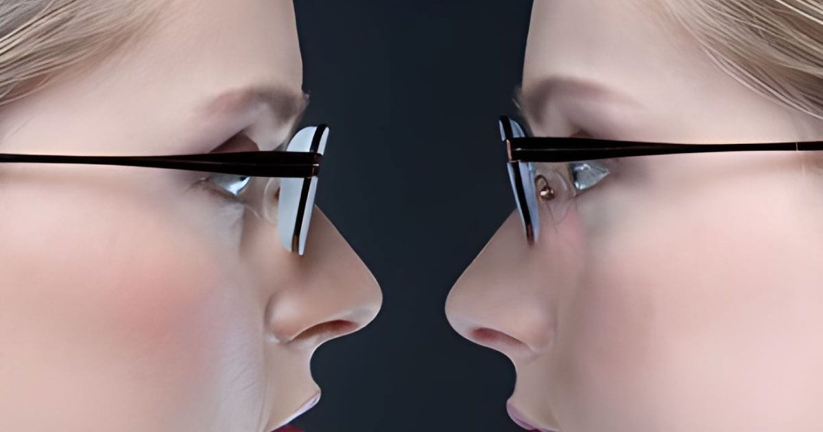 Two women facing each other, one wearing thick lenses and the other wearing thin lenses.