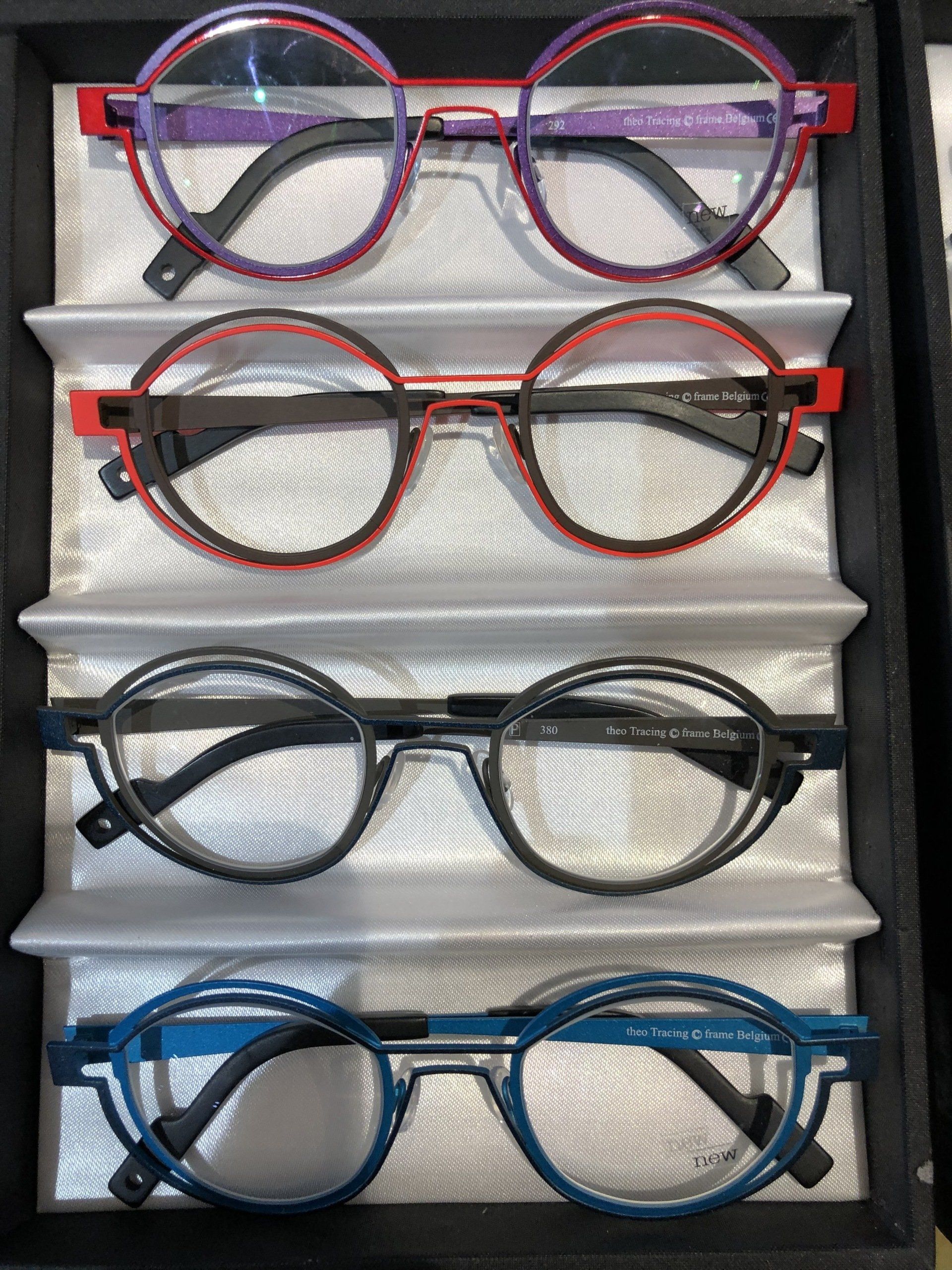 Display box of four Theo frames at Theo Trunk Show Event