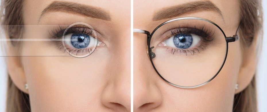 Closeup of woman's face in two parts depicting her sight before and after laser surgery