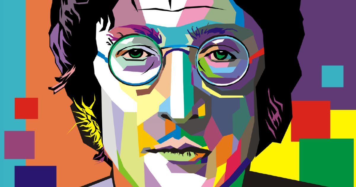 A colorful color-blocked painting of John Lennon wearing glasses.