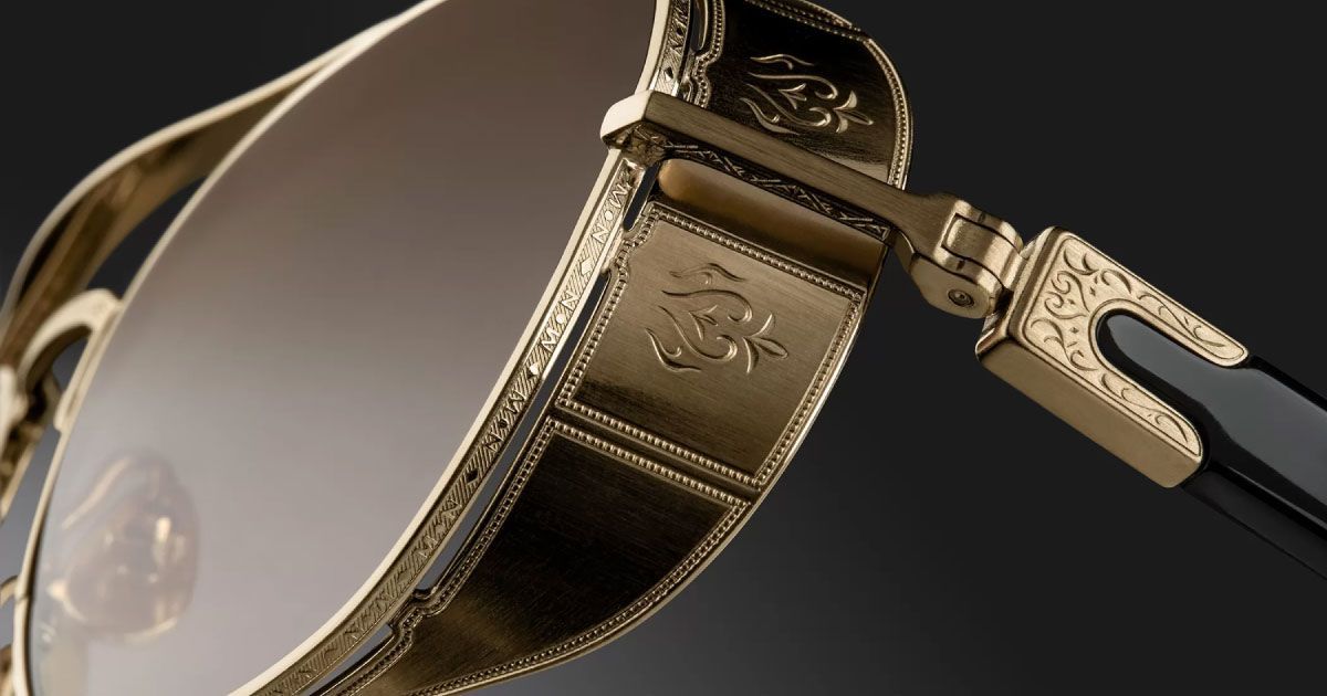 A close up of the inticate gold design on a pair of Matsuda sunglasses