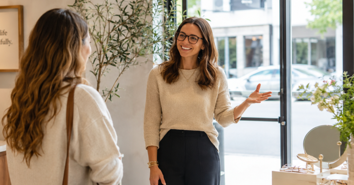 An optician welcoming a patient into an optical shop.