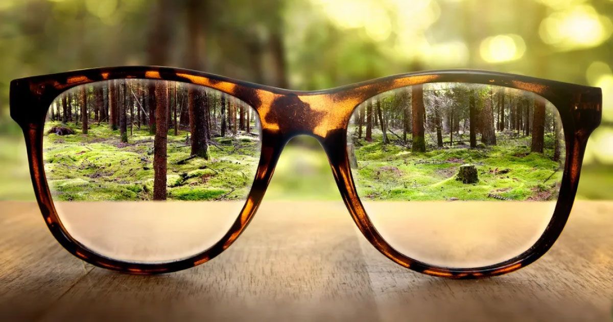 A pair of glasses sitting on top of a wooden table with a forest showing through the lenses