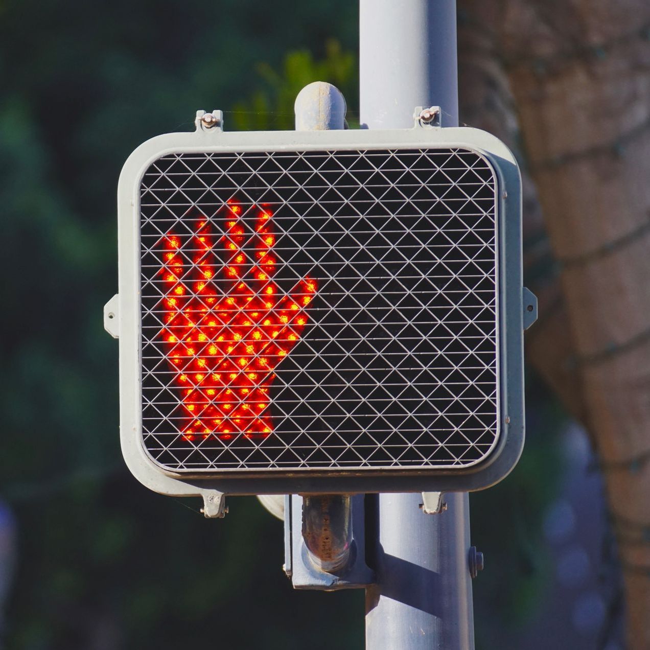 A stop sign light with a red hand on it