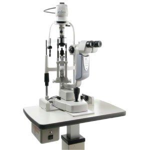 A Digital Slit Lamp device on a medical table