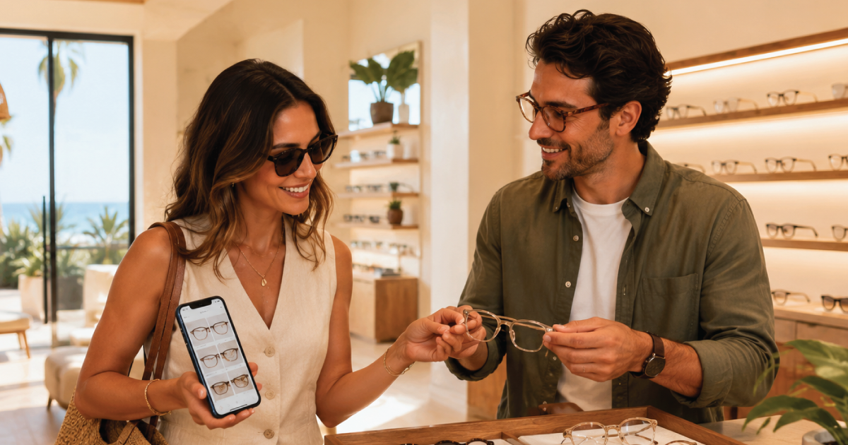Customer browses eyewear favorites on a phone while an optician presents frames in a bright boutique